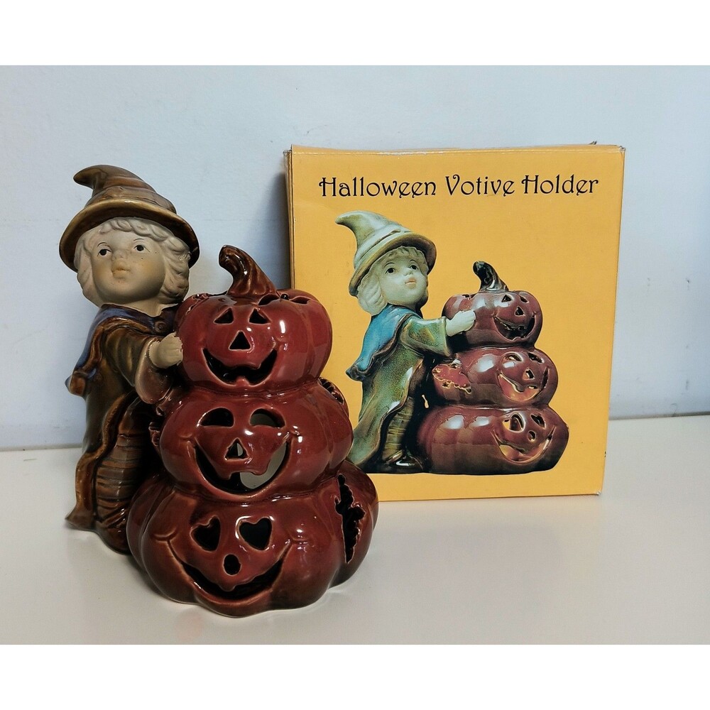 Halloween Tea Light Candle Holder Wizard Stacking Jack-O-Lanterns 6.25" LF Tall